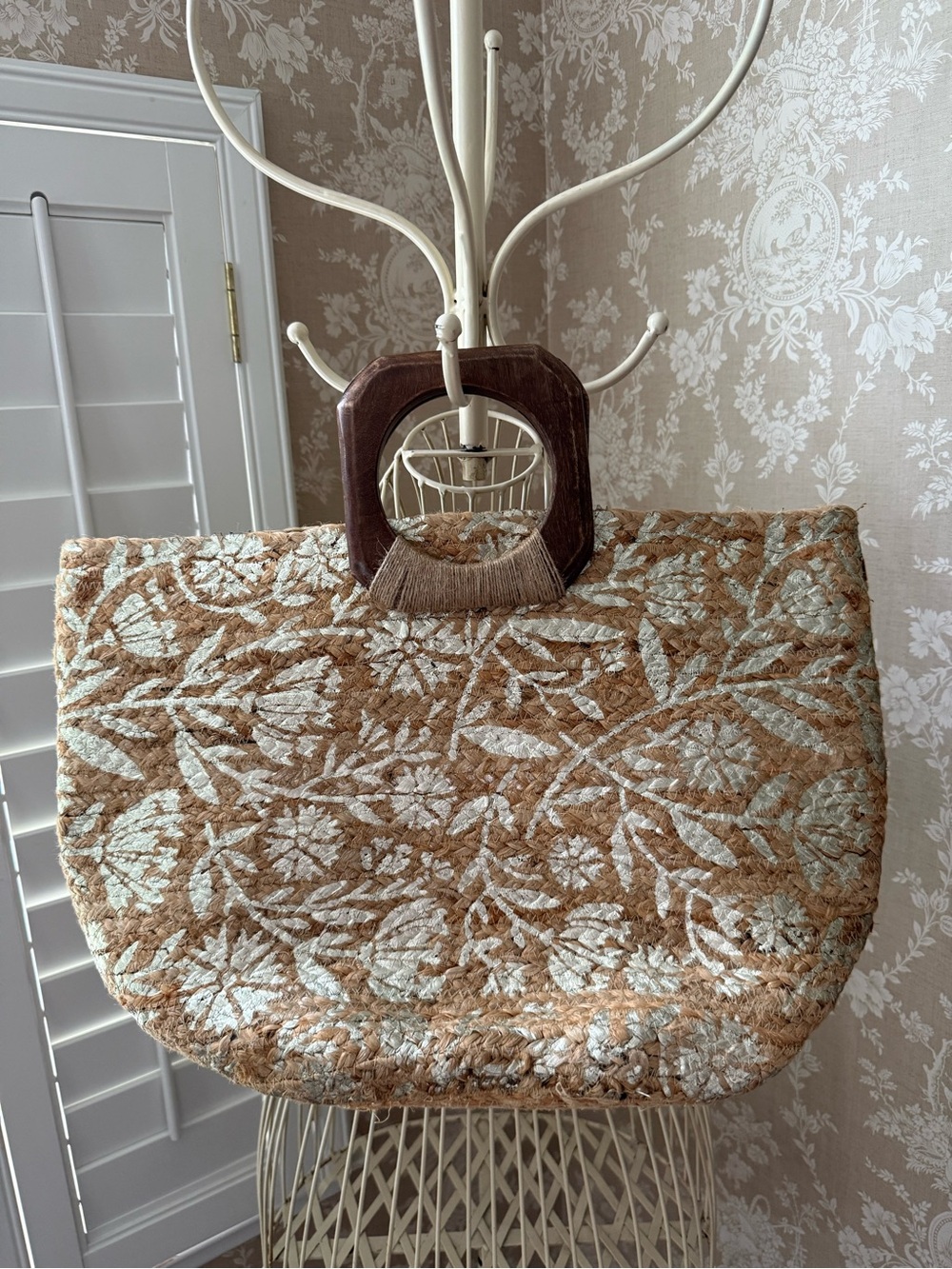 Antik Kraft Handwoven Floral Jute Tote with Wooden Handles - Brown & metallic